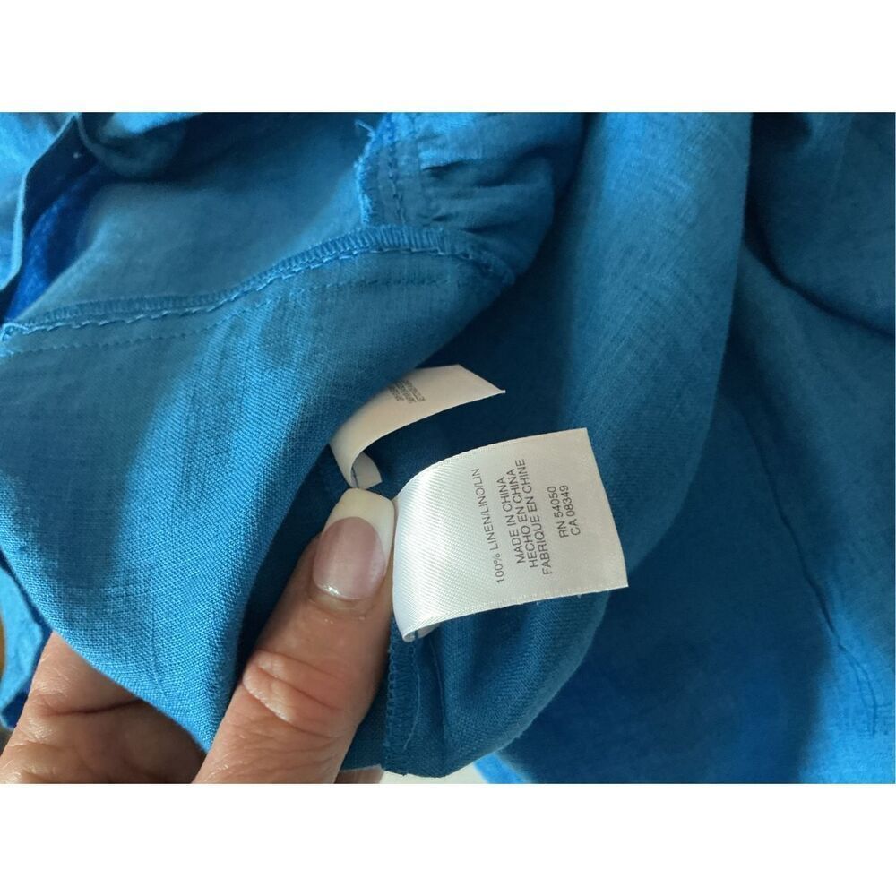 Jones New York 100% Linen Royal Blue Button Up Top Sz 12 Embroidered Detail - Picture 4 of 7
